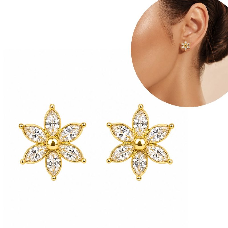 ARETES DE ENCHAPE PARA DAMA FLORAL DE 6 PÉTALOS CON CIRCONES MARQUISA