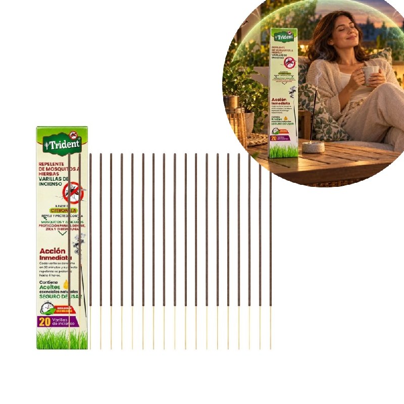 VARILLAS DE INCIENSO REPELENTE NATURAL DE MOSQUITOS DE CITRONELA Y HIERBAS TRIDENT 20UND