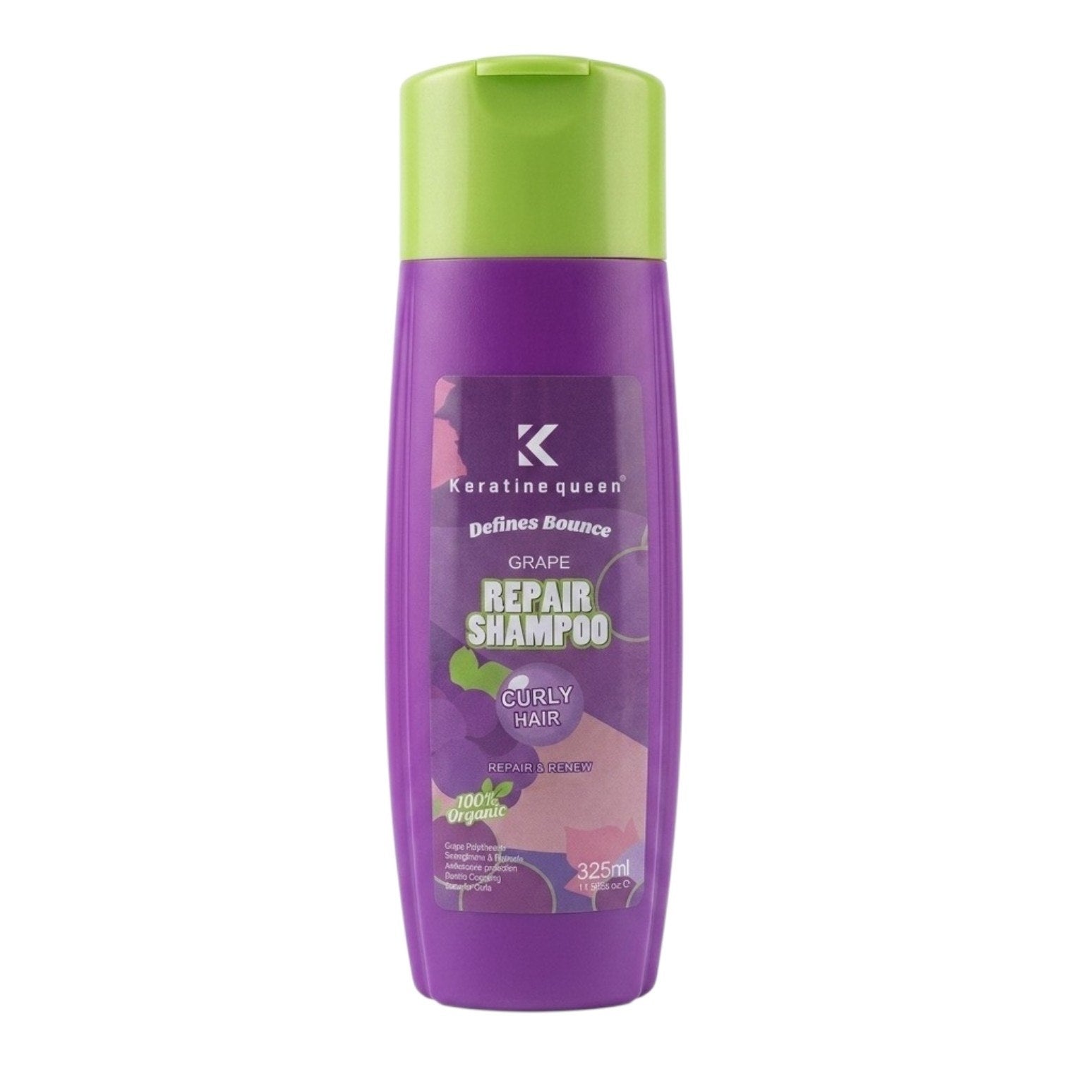 SET DE SHAMPOO Y ACONDICIONADOR HIDRATANTE Y NUTRITIVO PARA CABELLO RIZADO CON EXTRACTO DE UVA KERATINE QUEEN 325ML & 200ML