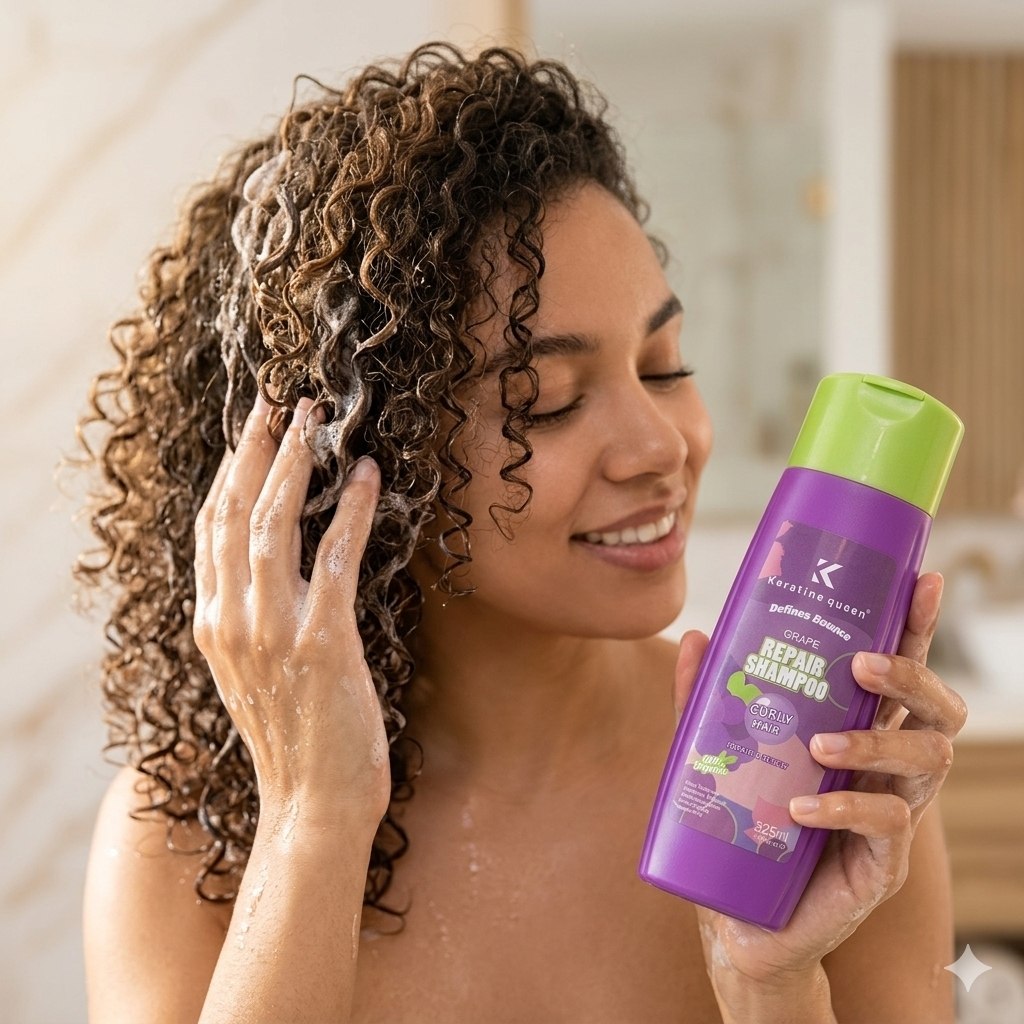 SET DE SHAMPOO Y ACONDICIONADOR HIDRATANTE Y NUTRITIVO PARA CABELLO RIZADO CON EXTRACTO DE UVA KERATINE QUEEN 325ML & 200ML