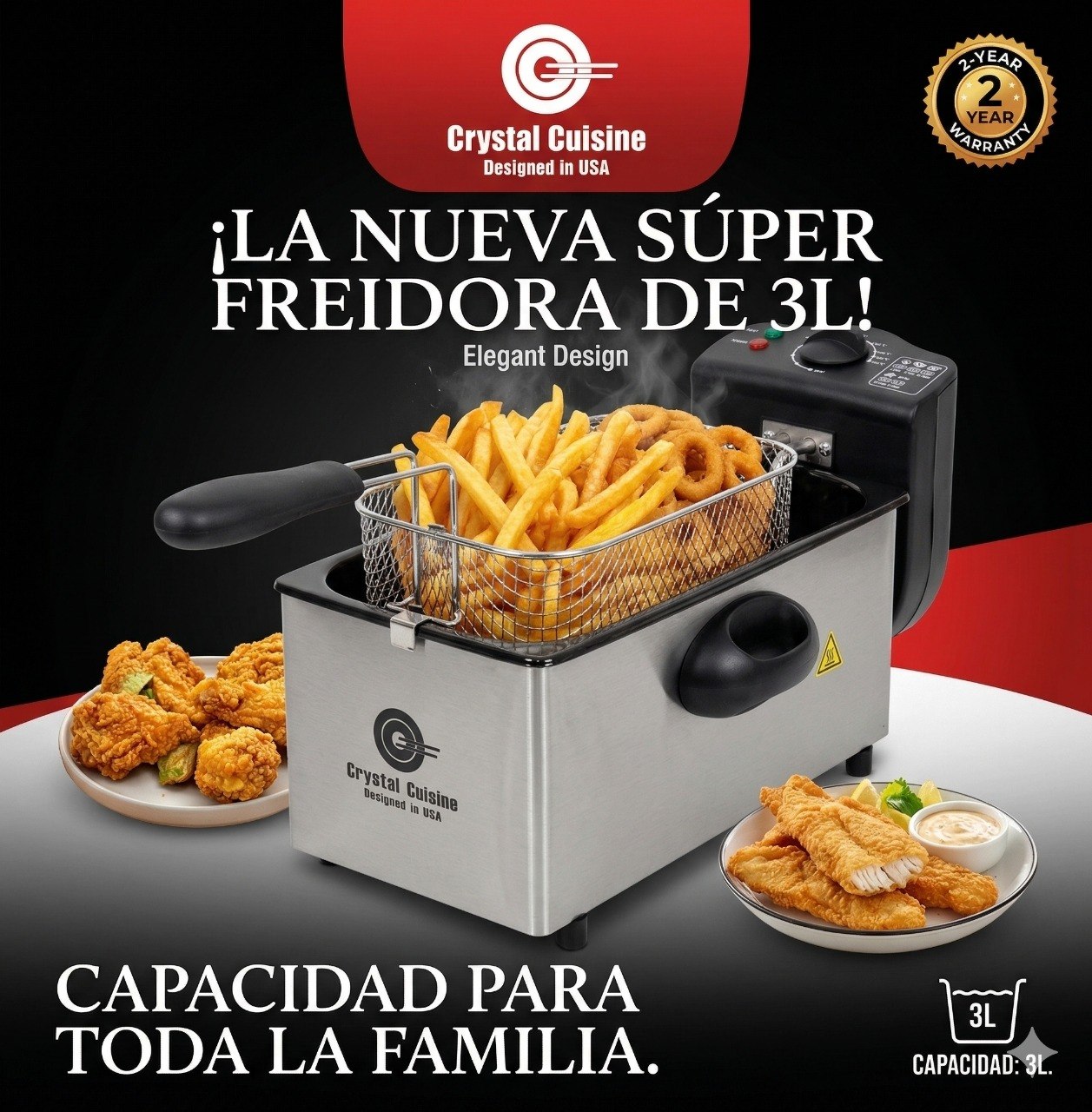 FREIDORA ELECTRICA DE ACERO INOXIDABLE 2000W CRYSTAL CUISINE 3L 41X23CM