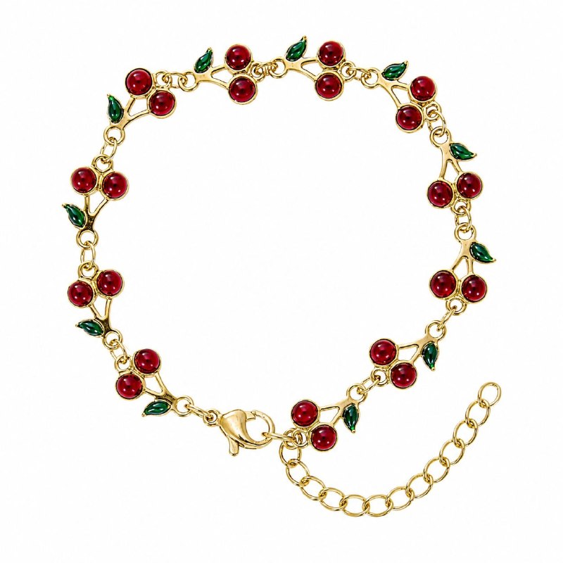 PULSERA DE ENCHAPE PARA DAMA CON DISEÑO DE CEREZAS Y HOJAS EN ESMALTE ROJO Y VERDE