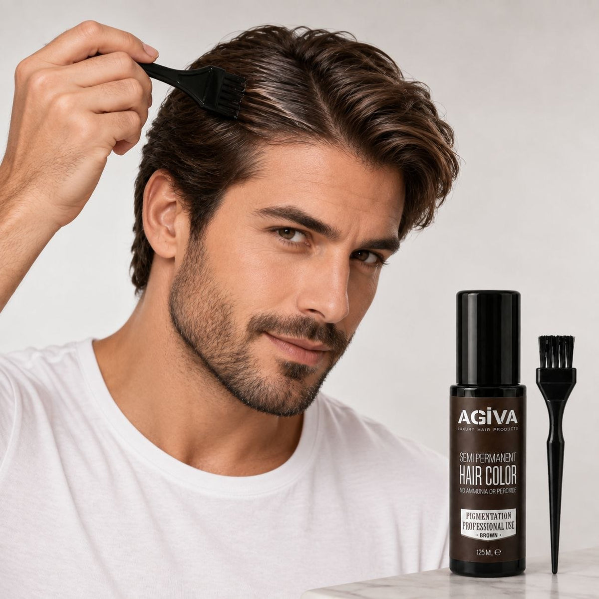 TINTE COLOR CAFE SEMIPERMANENTE PARA CABELLO, BARBA Y BIGOTE CON BROCHA APLICADORA AGIVA 125ML