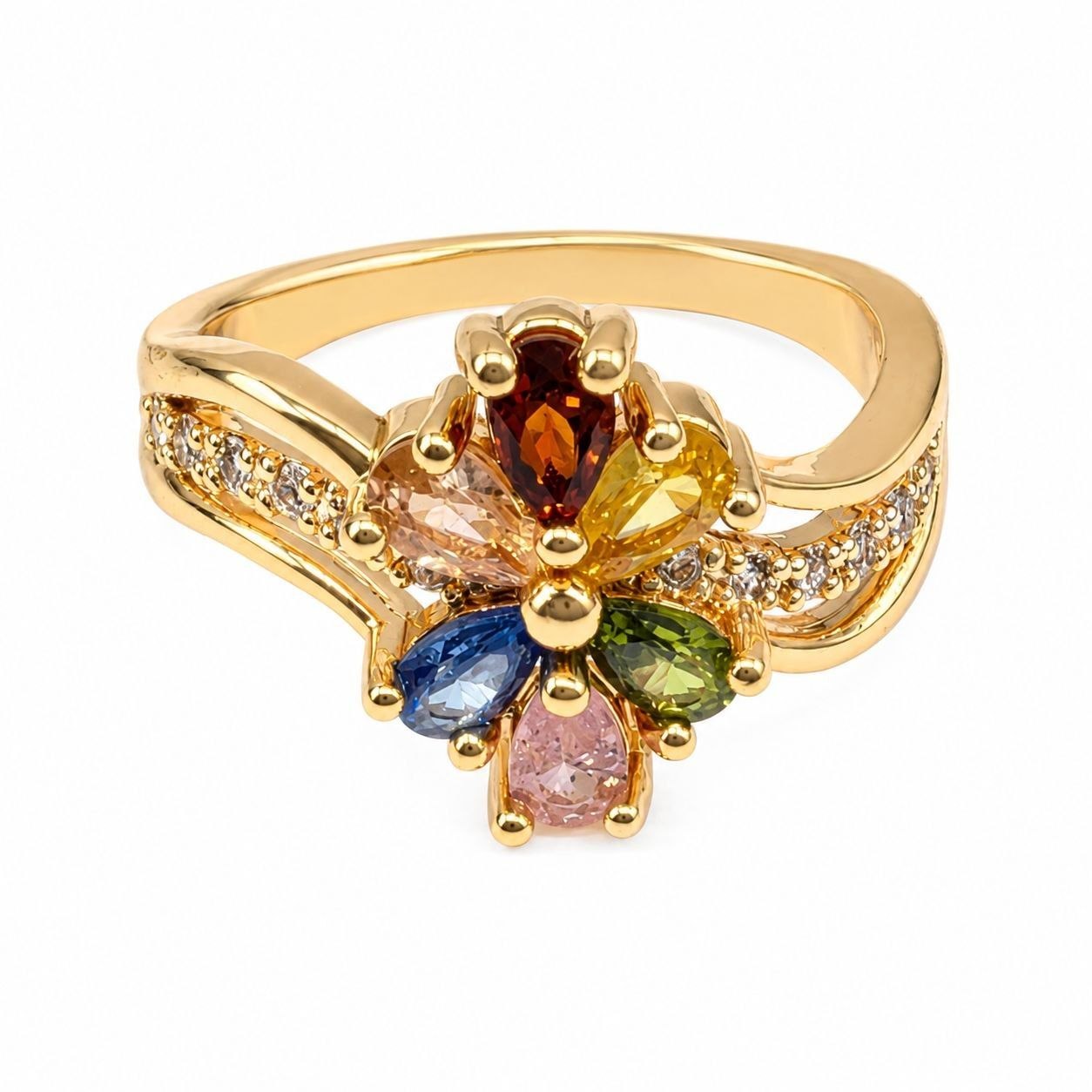ANILLO DE ENCHAPE PARA DAMA CON DISEÑO DE FLOR Y CIRCONES MULTICOLOR EN BANDA ONDULADA