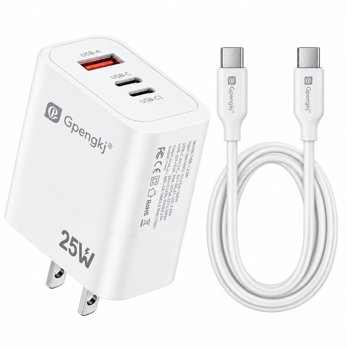 SET DE CARGADOR DE PARED 25W DUAL PORT Y CABLE TIPO C A TIPO C GPENGKJ GP-J215C 2PCS