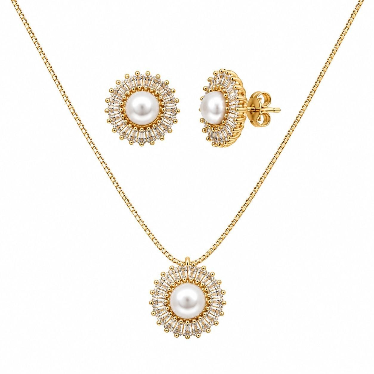 SET DE ENCHAPE PARA DAMA CADENA, DIJE Y TOPOS FLOR DE SOL CON PERLA Y CIRCONES BAGUETTE