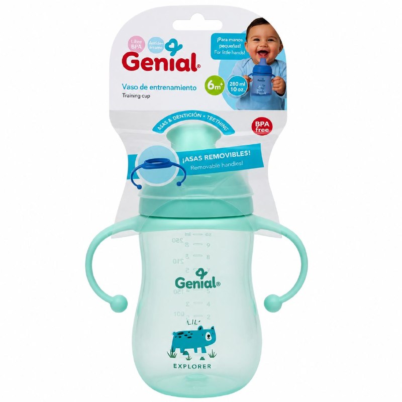 VASO DE ENTRENAMIENTO ANTIDERRAME PARA BEBES ERGONOMICO GENIAL 280ML