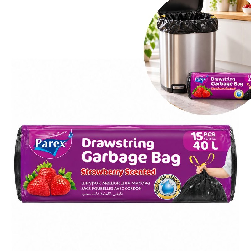 BOLSAS PARA BASURA PERFUMADAS CON CIERRE FACIL AROMA FRESAS 40L PAREX 15UND