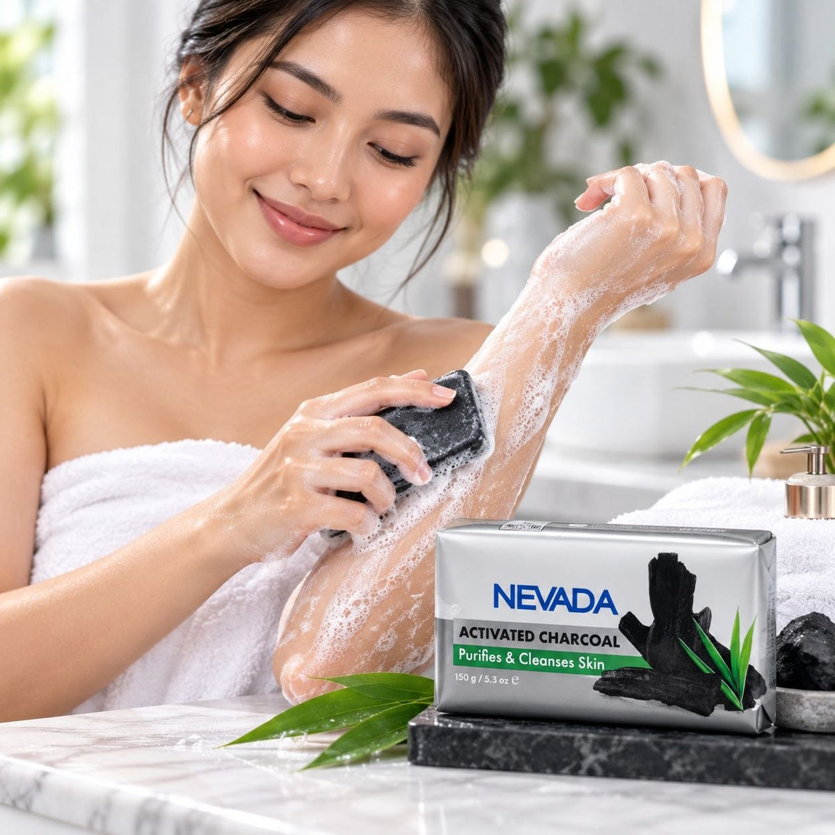 JABÓN CORPORAL Y FACIAL DE CARBÓN ACTIVADO LIMPIEZA PROFUNDA NEVADA 150G