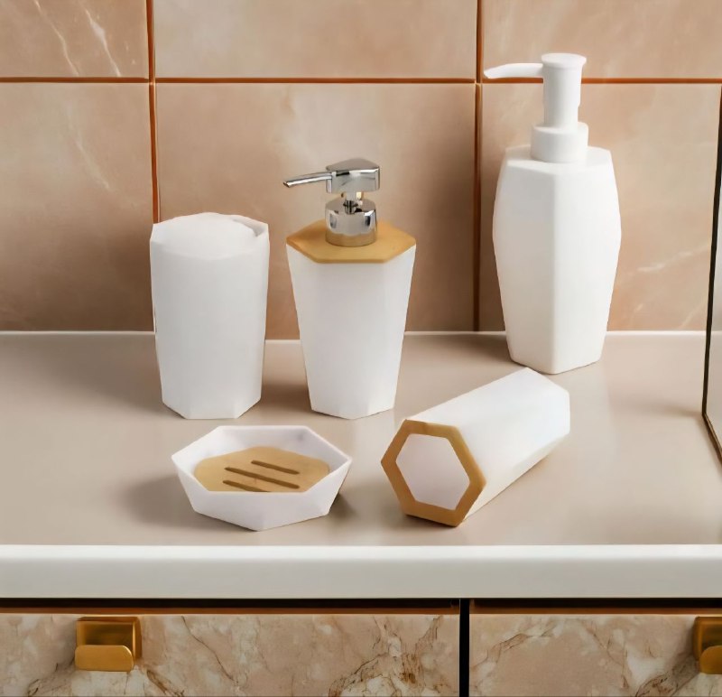 DISPENSADOR DE JABON LIQUIDO EN SET PARA BAÑO DE 4 PIEZAS, DISFRUTA DE UN BAÑO ORDENADO Y ELEGANTE