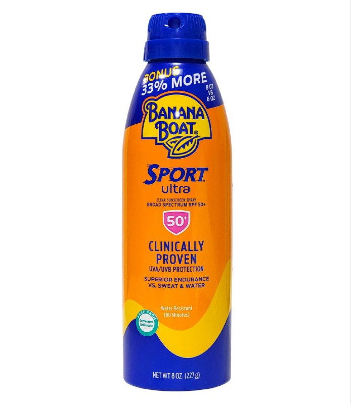 PROTECTOR SOLAR EN AEROSOL TRANSPARENTE SPF50 RESISTENTE AL SUDOR Y AGUA BANANA BOAT SPORT 227G