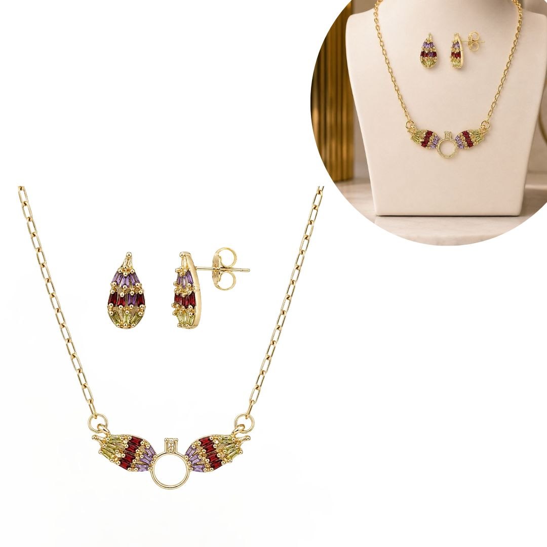 SET DE ENCHAPE PARA DAMA COLLAR Y TOPOS ALAS DUALES CON CIRCONES BAGUETTE MULTICOLOR