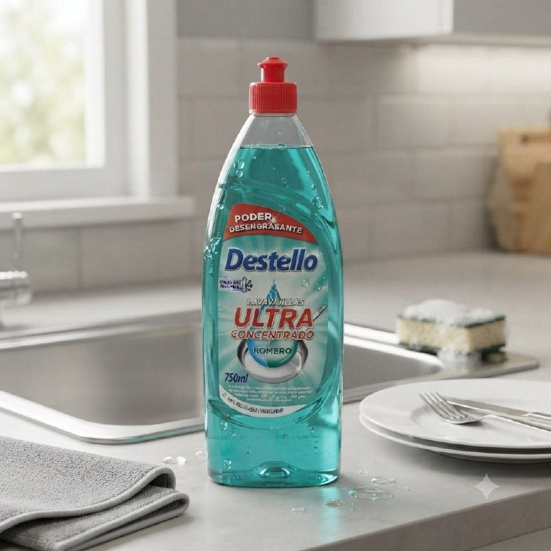 JABON LIQUIDO PARA LAVAR PLATOS ULTRA CONCENTRADO DESENGRASANTE AROMA ROMERO DESTELLO 750ML