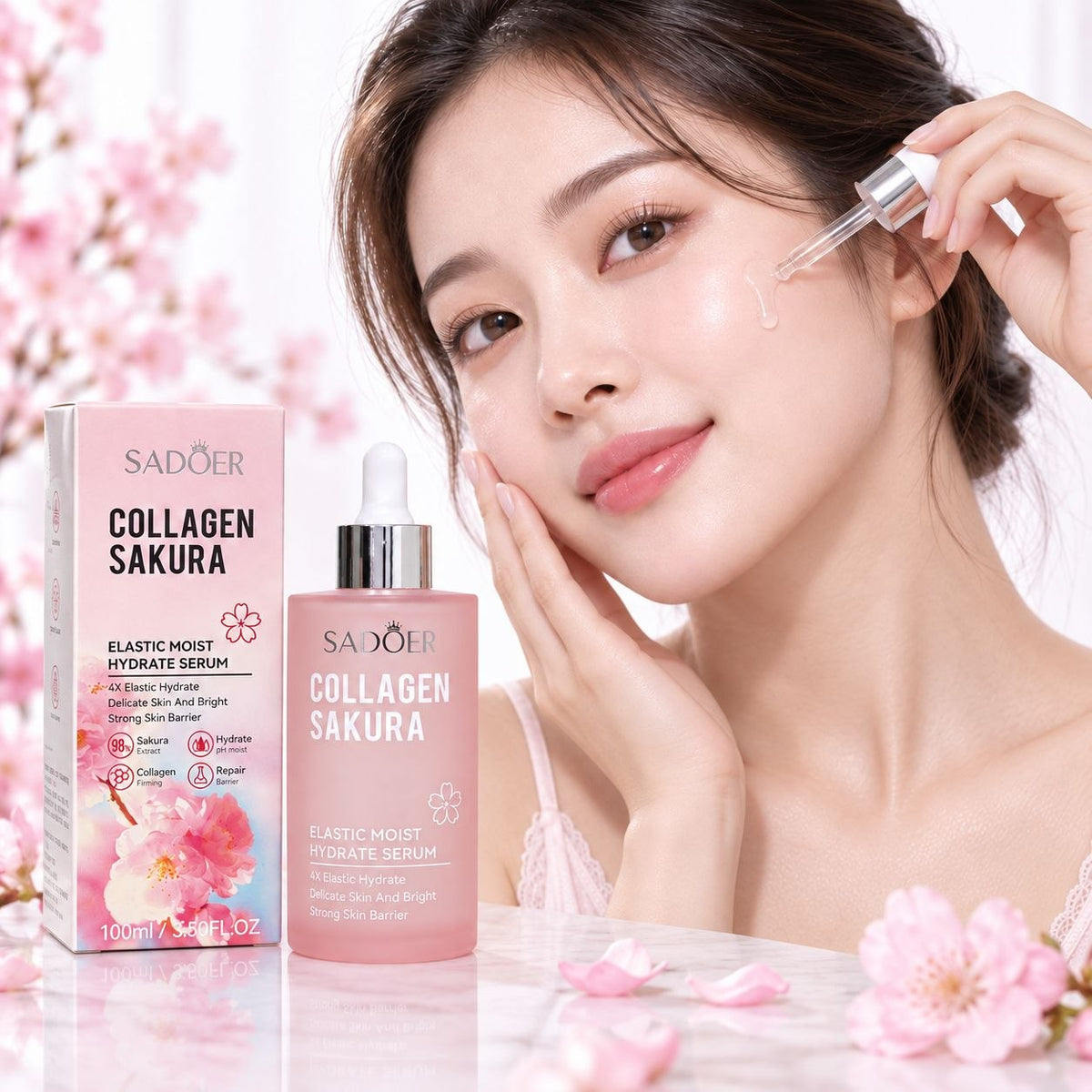 SUERO FACIAL DE COLAGENO Y SAKURA, DA TEXTURA HIDRATANTE DE FACIL ABSORCION, BLANQUE LA PIEL Y LA DEJA SUAVE SADOER 100ML