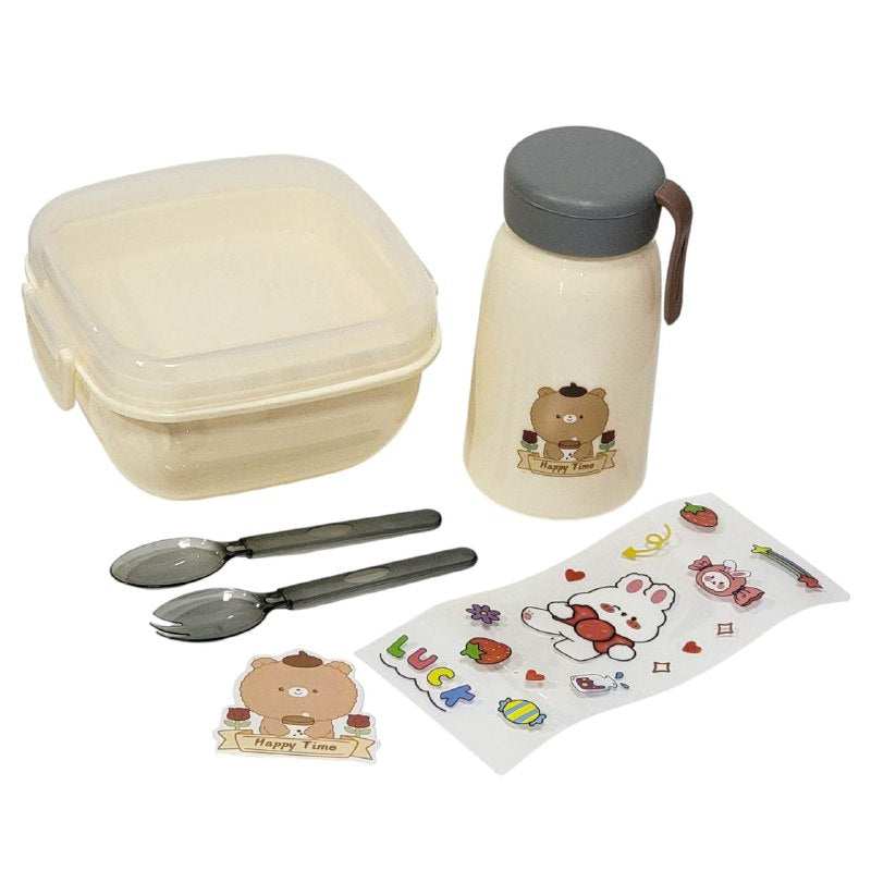 LONCHERA EN KIT CON CUBIERTOS, BOTE Y STICKERS VARIOS ESTILOS