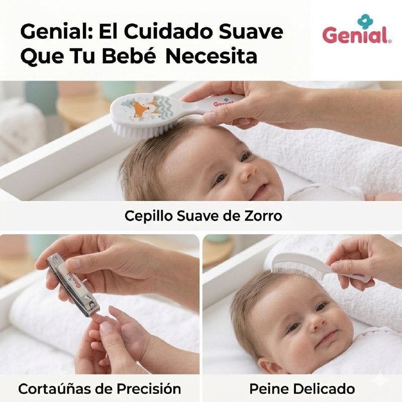 SET DE ASEO PERSONAL PARA BEBES DE 3 PIEZAS GENIAL, CEPILLO PEINE Y CORTAUÑAS