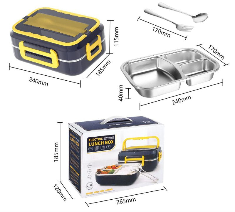 LONCHERA ELECTRICAM PLACA DE 3 REJILLAS DE ACERO INOXIDABLE DE GRADO ALIMENTARIO, CON CUCHARA Y TENEDOR, RESISTENTE AL CALOR, CORRIENTE 110V Y CARGADOR CENIZERO DE AUTO ELECTRIC LUNCH BOX 1.5L