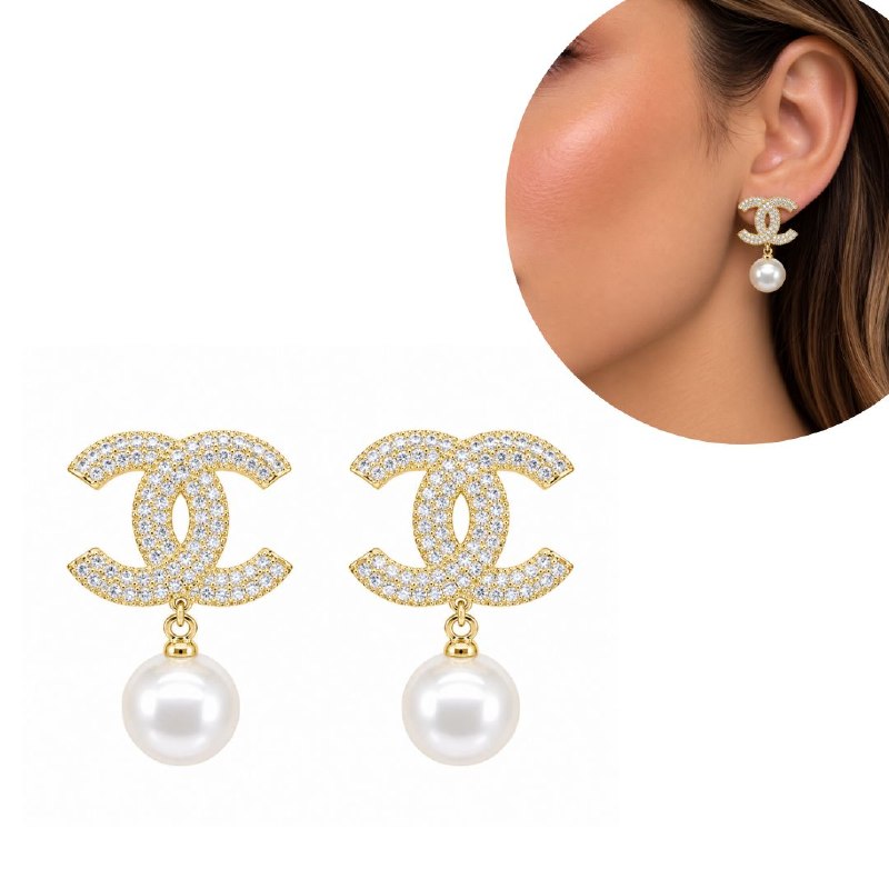 ARITOS DE ENCHAPE PARA DAMA CON DISEÑO DE CHANEL Y PERLA 2.8CM