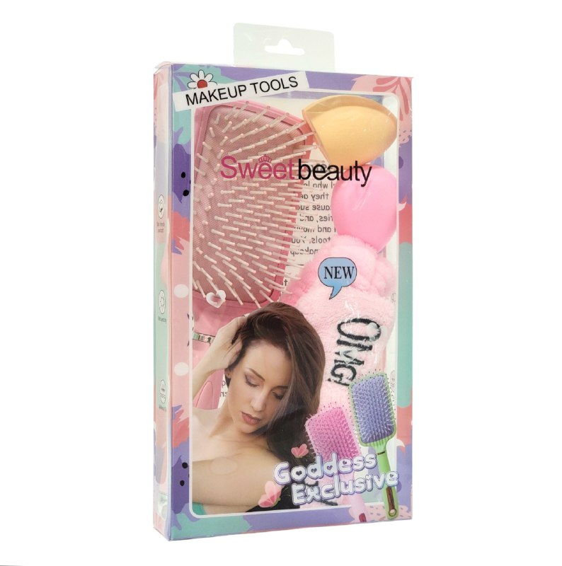 KIT DE CUIDADO FACIAL Y DE CABELLO, CEPILLO DESENREDANTE, ESPONJA MAQUILLAJE, VINCHA ELASTICA, 4 COLORES SWEET BEAUTY