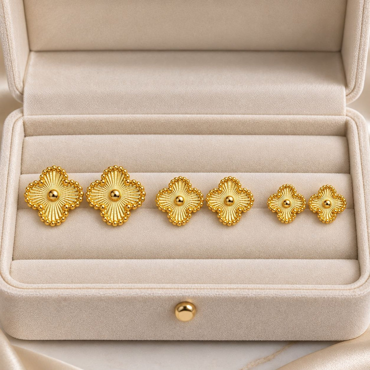SET DE ARITOS DE ENCHAPE PARA DAMA JUEGO DE 3 PARES CON DISEÑO DE TRÉBOL DE CUATRO HOJAS TEXTURIZADO CON DETALLE CENTRAL 1.2CM, 1CM Y 0.8CM
