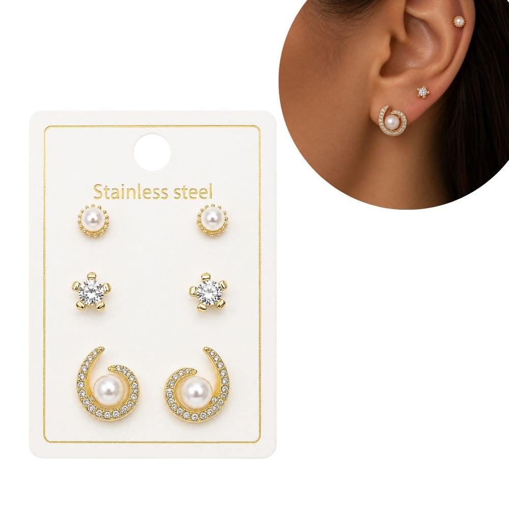 SET DE ARETES ENCHAPE PARA DAMA TRIPLE PAR CON ESPIRAL EN PAVÉ Y PERLA