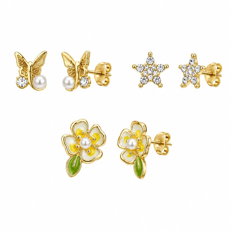 SET DE 3 PARES DE ARITOS DE ENCHAPE PARA DAMA CON DISEÑO DE FLOR, MARIPOSA Y ESTRELLA