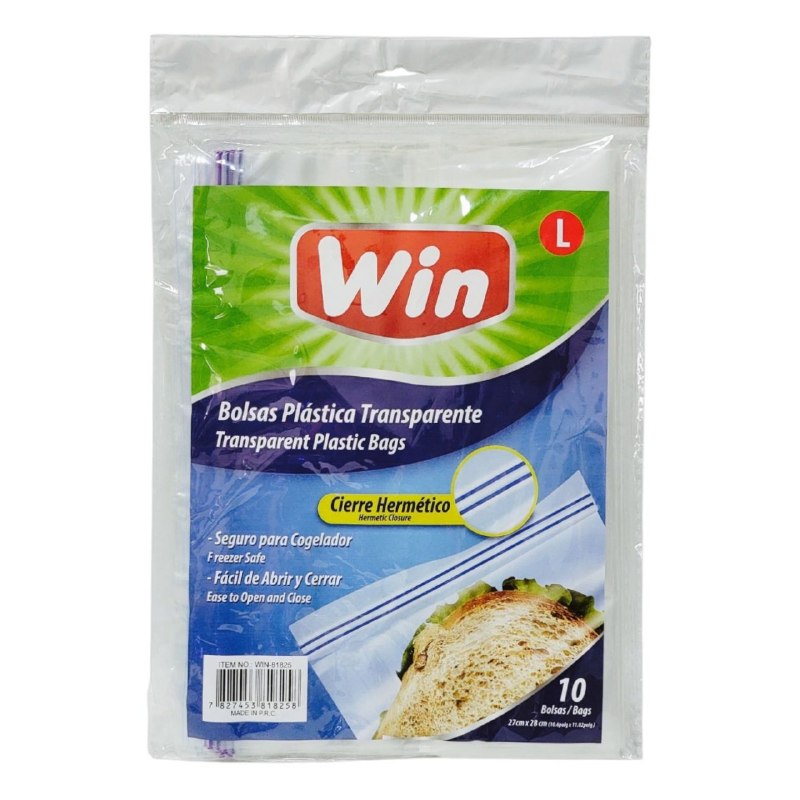 BOLSAS PLASTICAS TRANSPARENTES ZIPLOC EN PAQUETE DE 10UND WIN 27X28CM