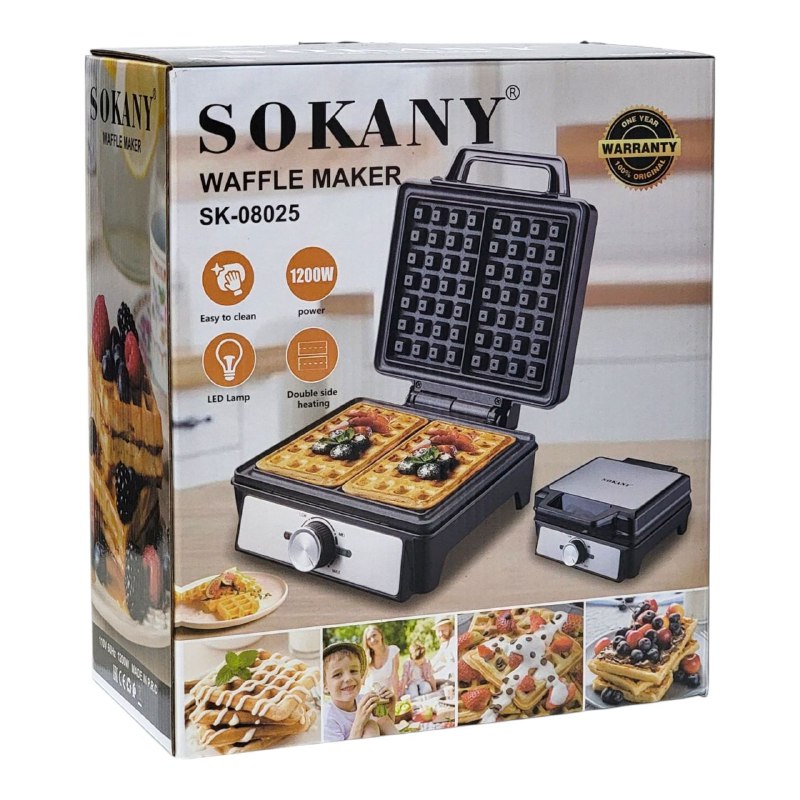 MAQUINA WAFFLERA SK-08025, RECUBRIMIENTO ANTIADHERENTE, PLASTICO RESISTENTE AL CALOR, INDICADOR DE ENCENDIDO, 1200W FUERZA, CALEFACCION DE DOBLE CARA SOKANY