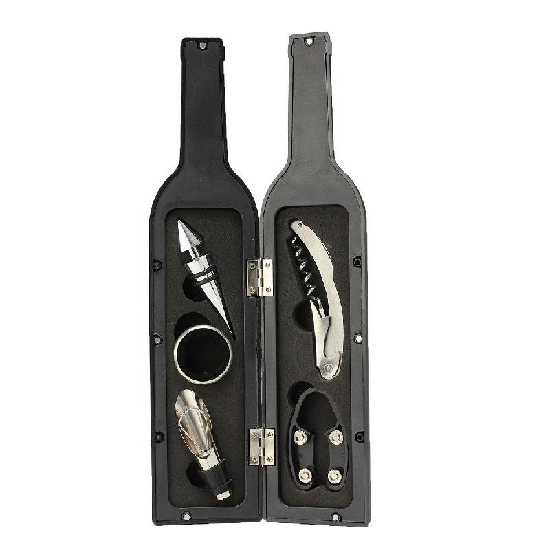 HERRAMIENTAS SACA CORCHO , ABRIDOR DE VINOS DE 5 PIEZAS, ESTUCHE DE TRANSPORTE CON FORMA DE BOTELLA 32X10CM