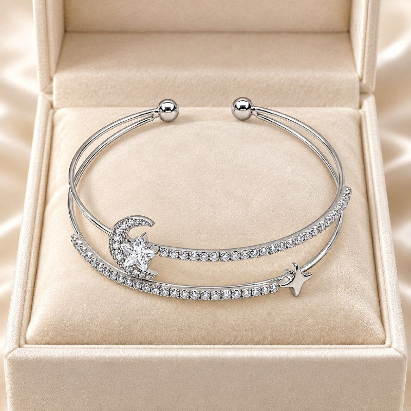 PULSERA DE ENCHAPE PARA DAMA CON DISEÑO DE ESTRELLA Y LUNA 18CM