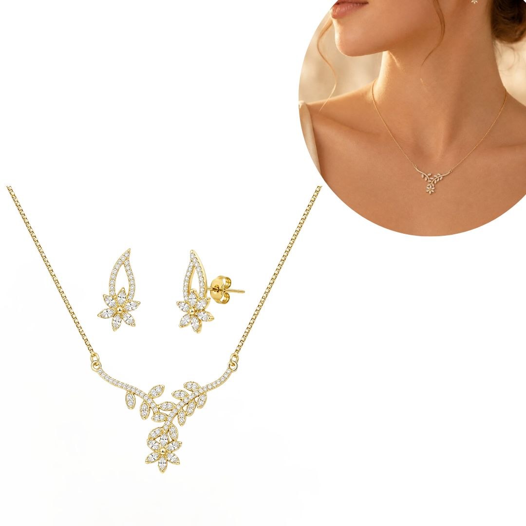 SET DE ENCHAPE PARA DAMA COLLAR Y TOPOS GUIRNALDA BOTÁNICA CON FLOR Y CIRCONES