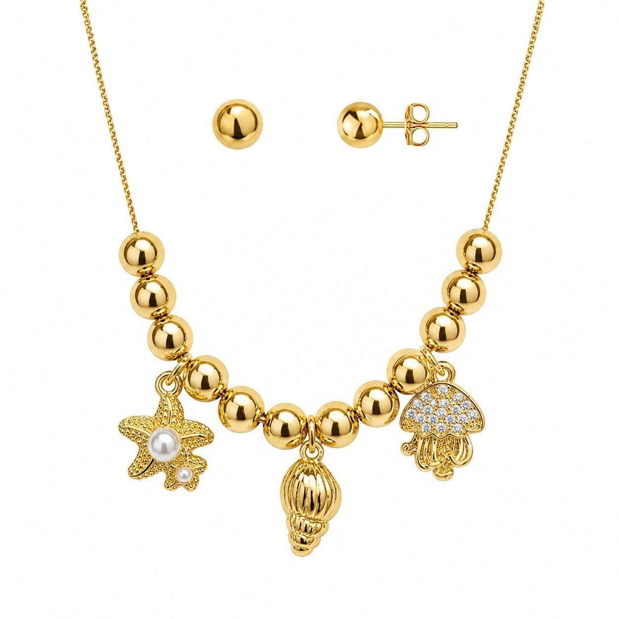 SET DE ENCHAPE PARA DAMA COLLAR CON BALINES, DIJES MARINOS Y TOPOS BALÍN