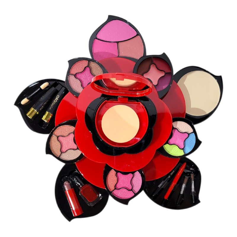 SET DE MAQUILLAJE EN FORMA DE FLOR, RUBOR, LABIALES, POLVO, ESPONJA Y MINI BROCHAS 9X20CM KISS BEAUTY