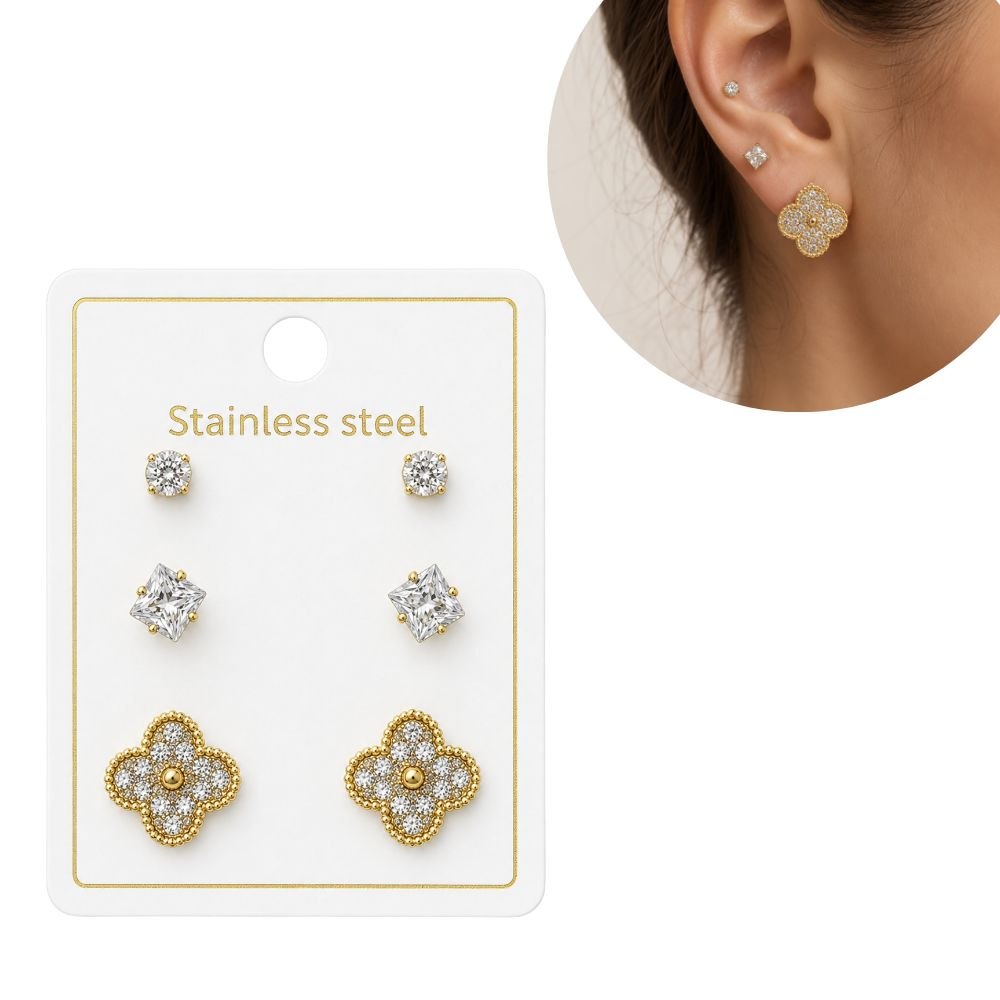 SET DE ARETES ENCHAPE PARA DAMA TRIPLE PAR CON MOTIVO DE TRÉBOL Y CIRCONES