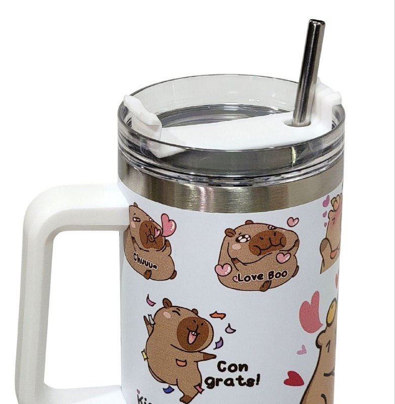 TERMO DE ACERO INOXIDABLE CON ASA DISEÑO DE CAPIBARA CON SORBETE 1200ML