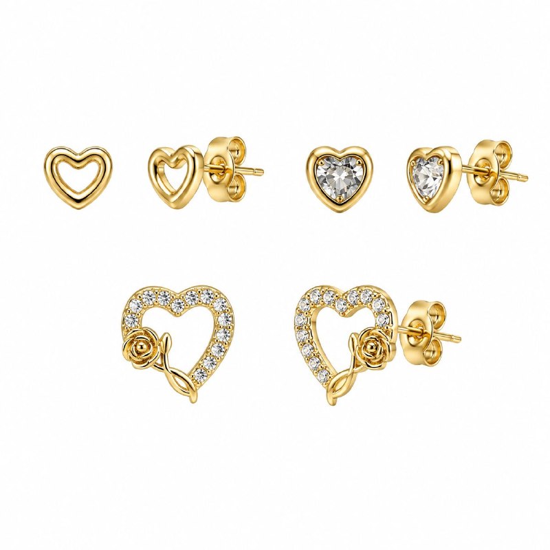 SET DE 3 PARES DE ARITOS DE ENCHAPE PARA DAMA CON DISEÑO DE CORAZON (DUPE DE BRILLANT EARTH)