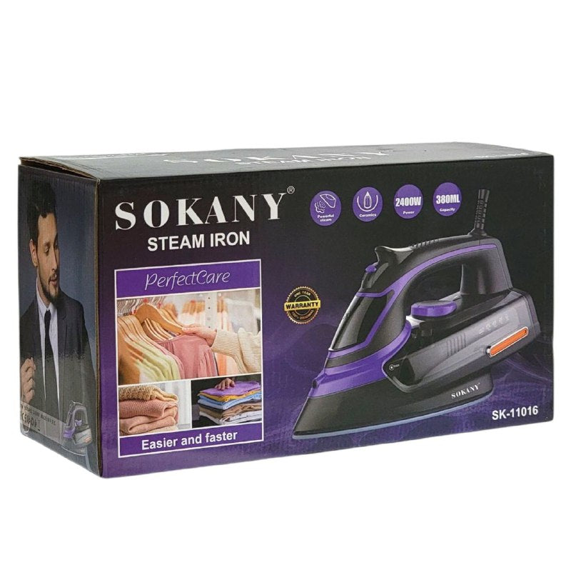 MAQUINA PLANCHA DE ROPA DE VAPOR, FUNCION SECO, VAPOR, AEROSOL, BOTON DE PULVERIZACION, SUELA DE CERAMICA, CONTROL DE TEMPERATURA, 2400W, TANQUE DE AGUA 380ML SOKANY SK-11016