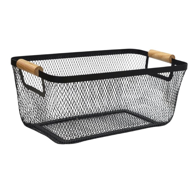 CANASTA CESTA ORGANIZADORA PORTATIL DE METAL CON ASAS DE MADERA ELEGANTE 15X20X35CM
