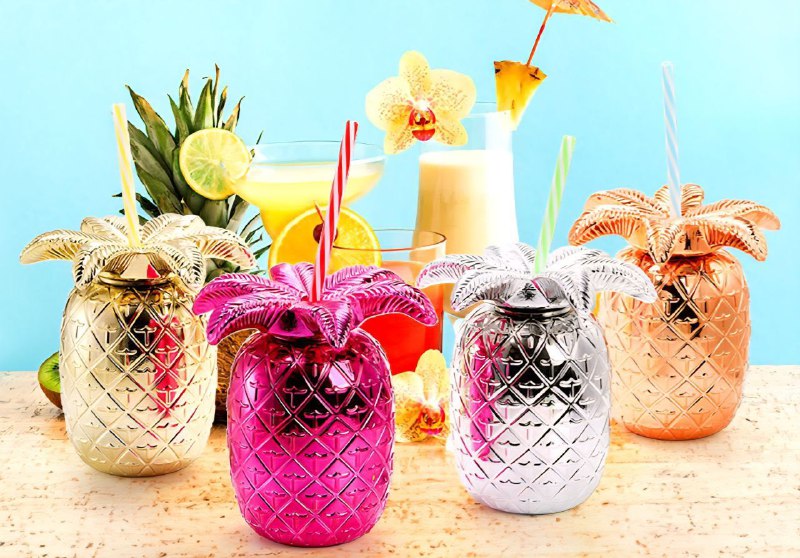 VASO EN FORMA DE PIÑA DE PLASTICO CON PAJILLA PARA BEBIDAS FRIAS O COCTELES 4 COLORES