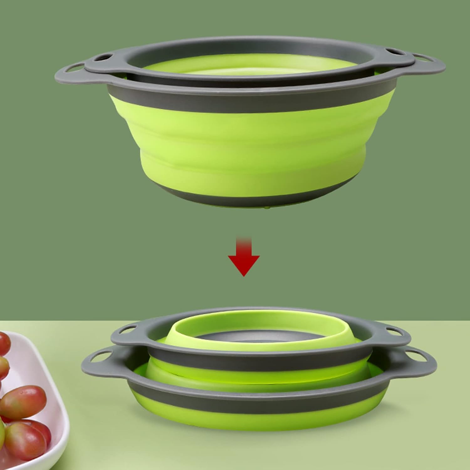 CANASTA COLADOR PLEGABLE DE SILICONA CON MANGO PARA FRUTAS Y VERDURAS 19.5CMX24/23.5X29.5CM