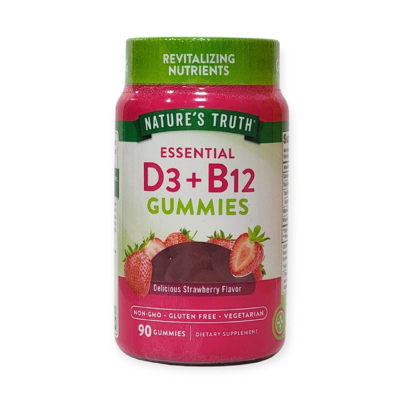 VITAMINAS EN GOMITAS ESENCIALES VITAMINA D3, B12 SIN GLUTEN SABOR A FRESA NATURE S TRUTH 90UND
