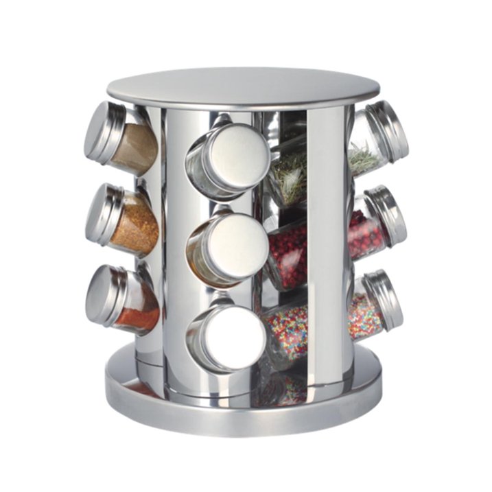 ORGANIZADOR ESPECIERO GIRATORIO REDONDO DE ACERO INOXIDABLE DE 12 BOTES DE VIDRIO 21CMX18.5CM