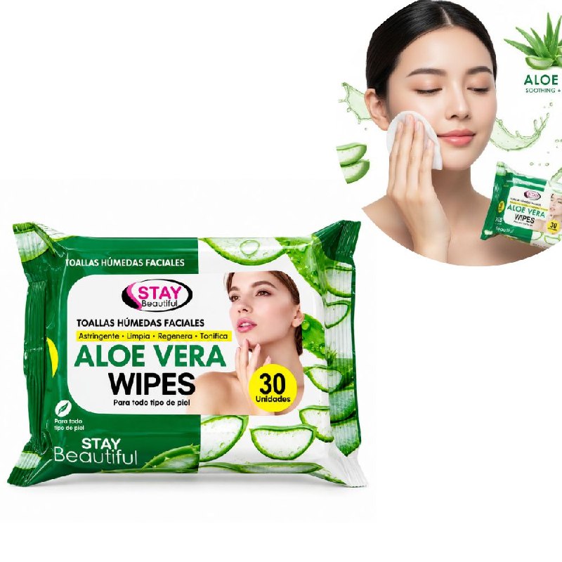 TOALLITAS HUMEDAS FACIALES DE ALOE VERA DESMAQUILLANTES Y LIMPIADORAS STAY BEAUTIFUL 30UND