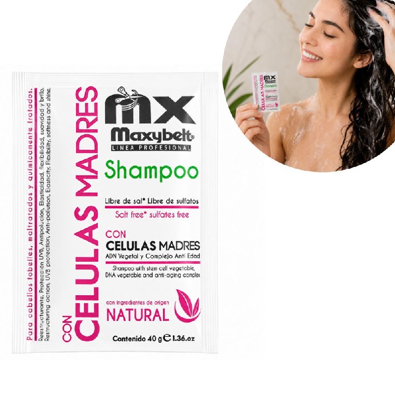 SHAMPOO PROFESIONAL CON CELULAS MADRES, ADN VEGETAL Y COMPLEJO ANTIEDAD SUAVE MAXYBELT PROFESSIONAL 40G