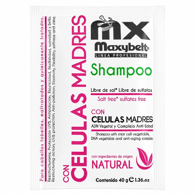 SHAMPOO PROFESIONAL CON CELULAS MADRES, ADN VEGETAL Y COMPLEJO ANTIEDAD SUAVE MAXYBELT PROFESSIONAL 40G