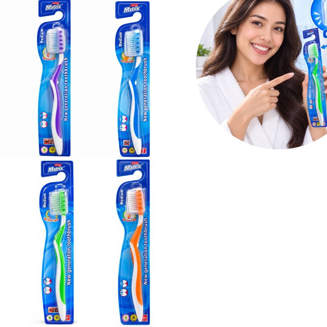CEPILLO DENTAL CON TAPA PROTECTORA CERDAS MEDIAS MATRIX 19CM