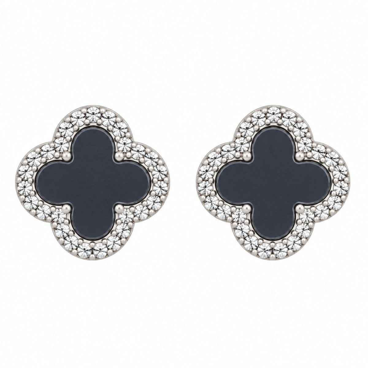 ARITOS DE ENCHAPE PLATEADO PARA DAMA CON DISEÑO DE TRÉBOL DE CUATRO HOJAS CON CENTRO NEGRO Y BORDE DE CIRCONES EN HALO 1.2CM