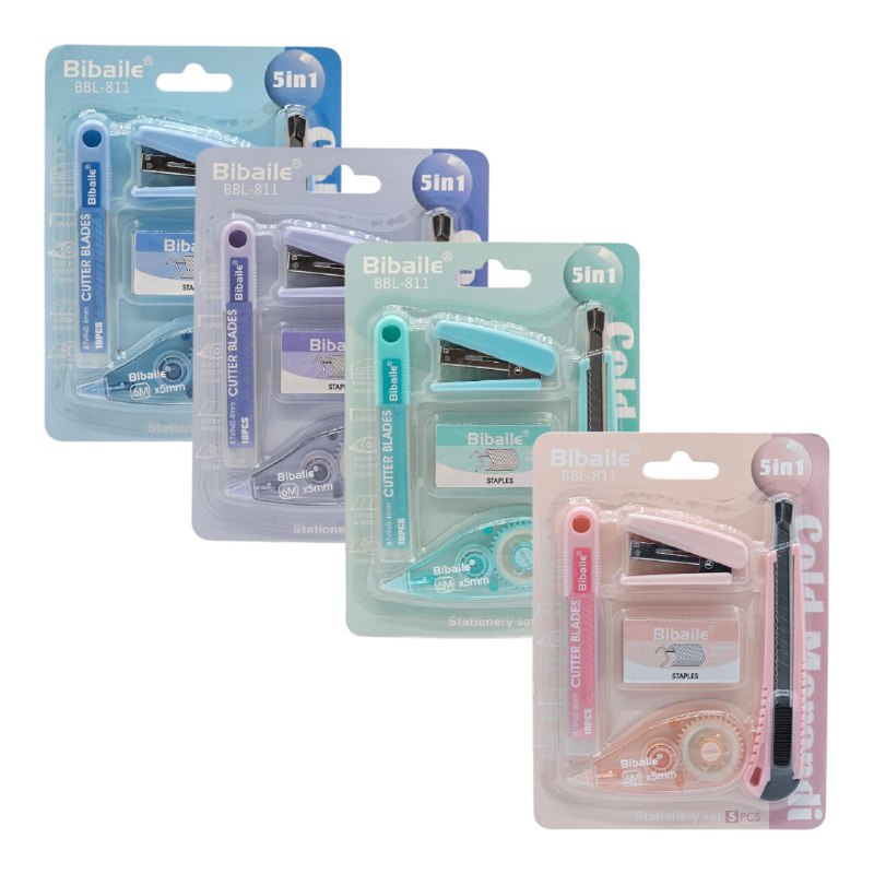 SET DE UTILES DE PAPELERIA PARA NIÑOS 5 EN 1, GRAPADORA, GRAPAS, CORRECTOR, CUTER REPUESTOS BIBAILE BBL-811