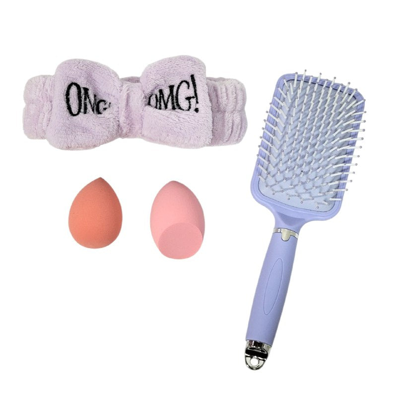 KIT DE CUIDADO FACIAL Y DE CABELLO, CEPILLO DESENREDANTE, ESPONJA MAQUILLAJE, VINCHA ELASTICA, 4 COLORES SWEET BEAUTY