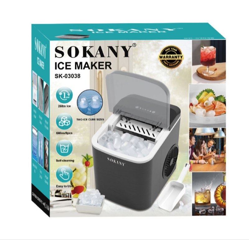 MAQUINA TRITURADORA DE HIELO DOS TAMAÑOS DE CUBITOS, AUTOLIMPIEZA, FACIL DE USAR, HASTA 26LBS DE HIELO CREA SOKANY ICE MAKER SK-03038